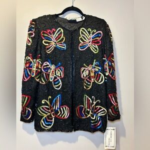 NWT Vintage American Nights Silk Sequin Beaded Butterfly Jacket Coat‎ Size Small